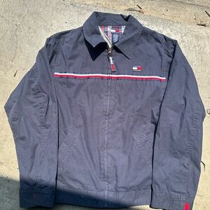 Tommy Hilfiger Men's Dark Blue Jacket with Red and White Accents